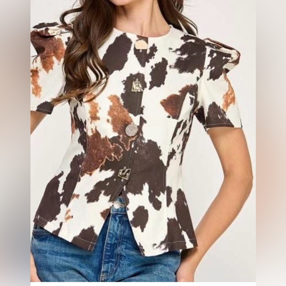 Pastels Cow-Print Puff Sleeve Button Front Top - Brown & White